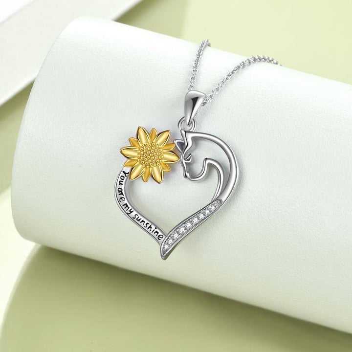 Cat Jewelry, You are My Sunshine, Cat Jewelry for Women, Sterling Silver Cat Sunflower, Heart-Shaped Necklace Gifts, Gifts for Girls Mom Daughter Sister