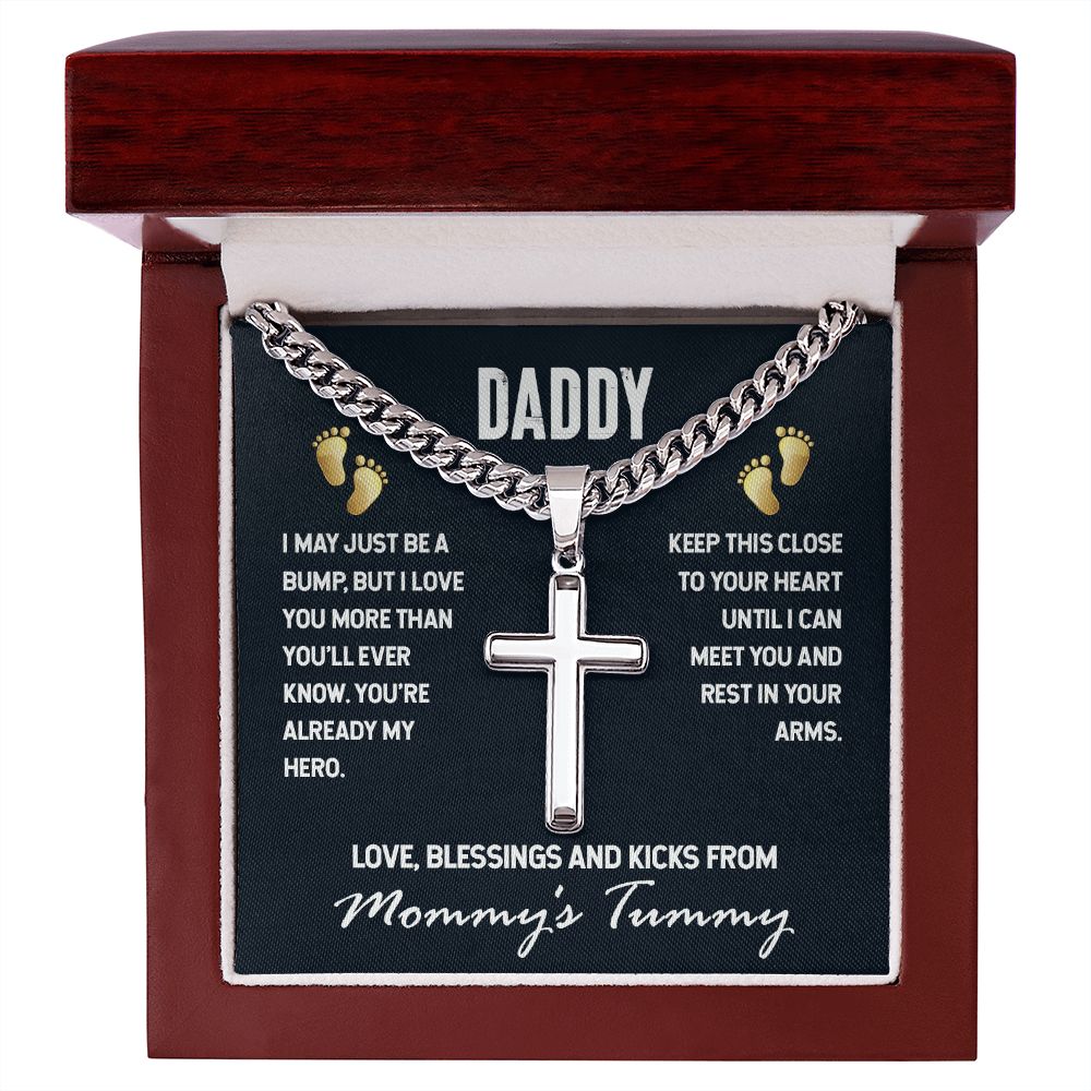 Personalized Artisan Cross Necklace - For Daddy I May Just Be A Bump