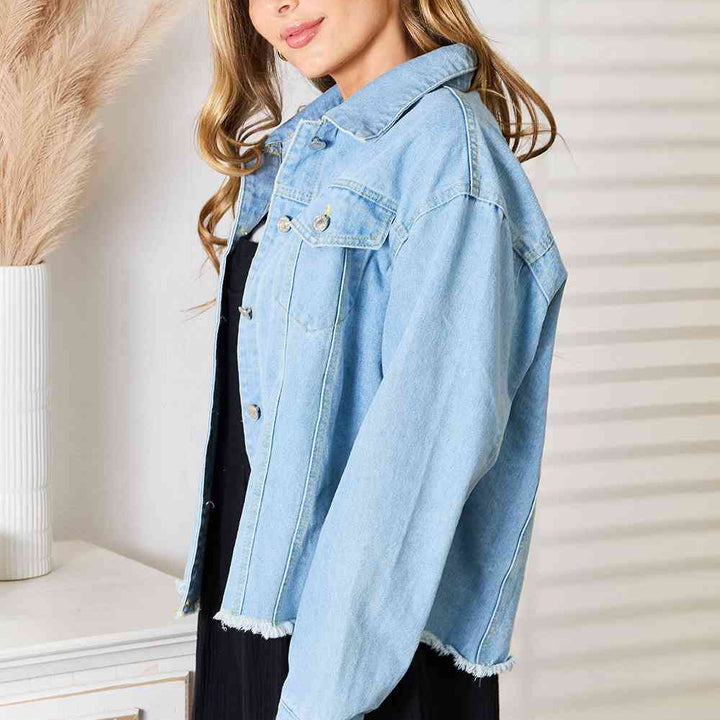 Women's Denim Jacket, Trendy Denim Jacket for Her, Double Take Dropped Shoulder Raw Hem Denim Jacket