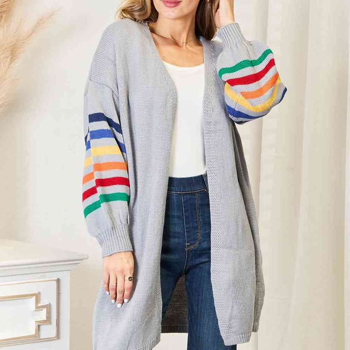 Double Take Multicolored Stripe Open Front Longline Cardigan