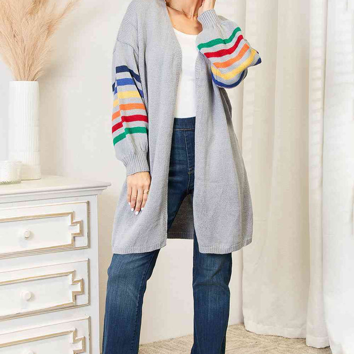 Double Take Multicolored Stripe Open Front Longline Cardigan