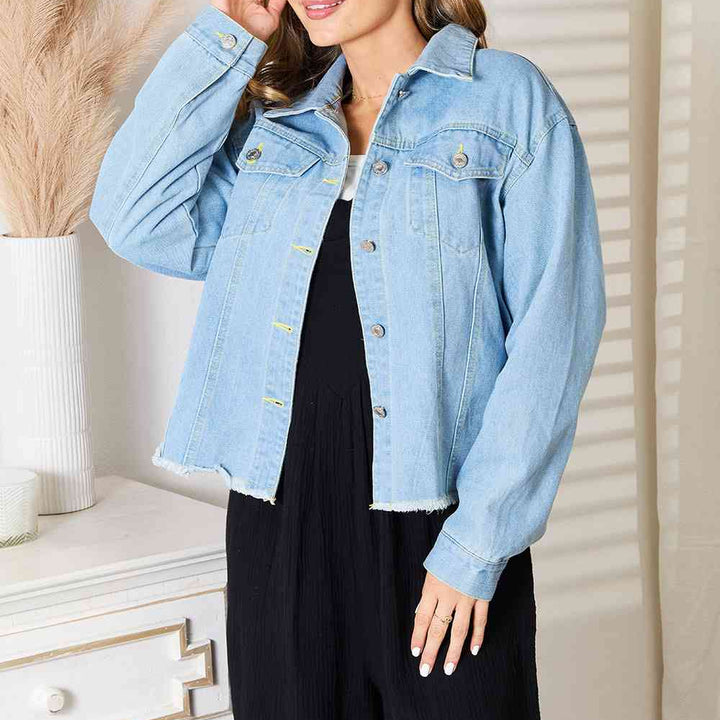 Women's Denim Jacket, Trendy Denim Jacket for Her, Double Take Dropped Shoulder Raw Hem Denim Jacket