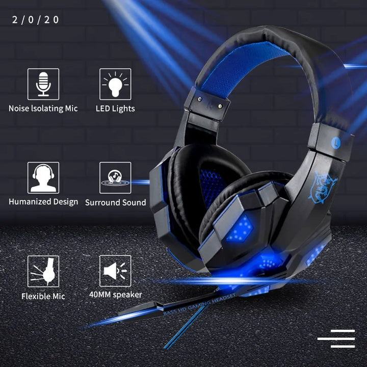 Led Light Wired Gamer Headset, USB Wired Gaming Headset, Gift for Gamers, Over Ear Headphones, Earbud for PS4 PC Laptop Xbox One PS5 Controller Nintendo Switch, with LED Light, Passive Noise Cancelling