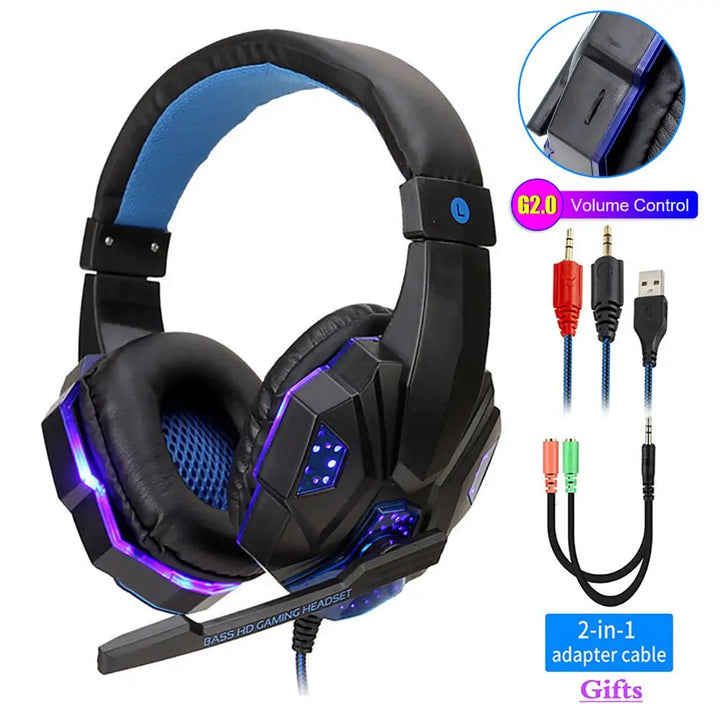 Led Light Wired Gamer Headset, USB Wired Gaming Headset, Gift for Gamers, Over Ear Headphones, Earbud for PS4 PC Laptop Xbox One PS5 Controller Nintendo Switch, with LED Light, Passive Noise Cancelling