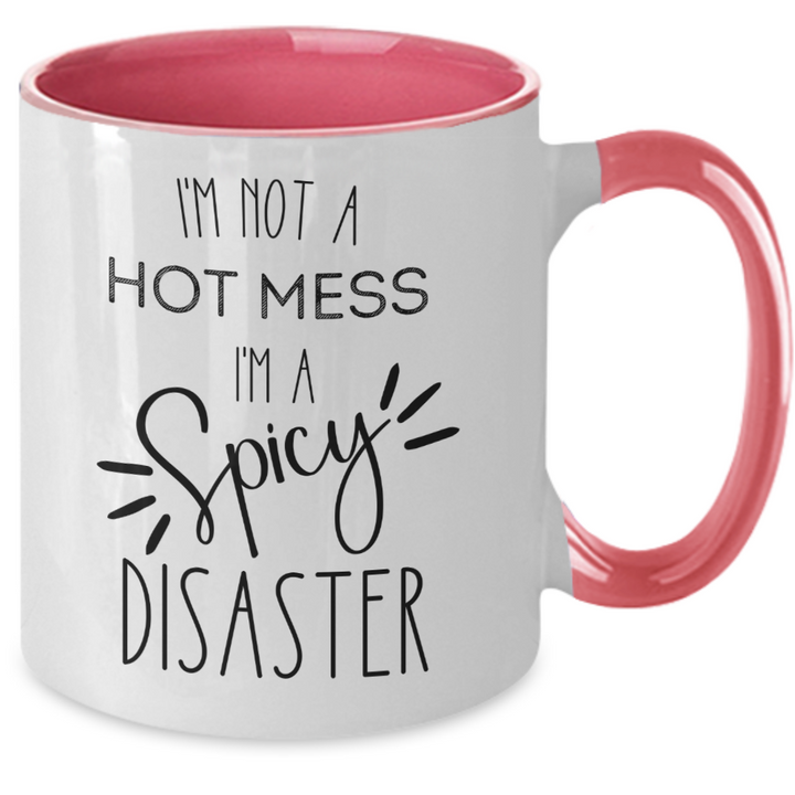 Funny Hot Mess Two Toned Coffee Cup, Hot Mess Gifts, Hot Mess Spicy Disaster Mug, Funny Coffee Cup Sayings, 11 Ounce Ceramic Mug