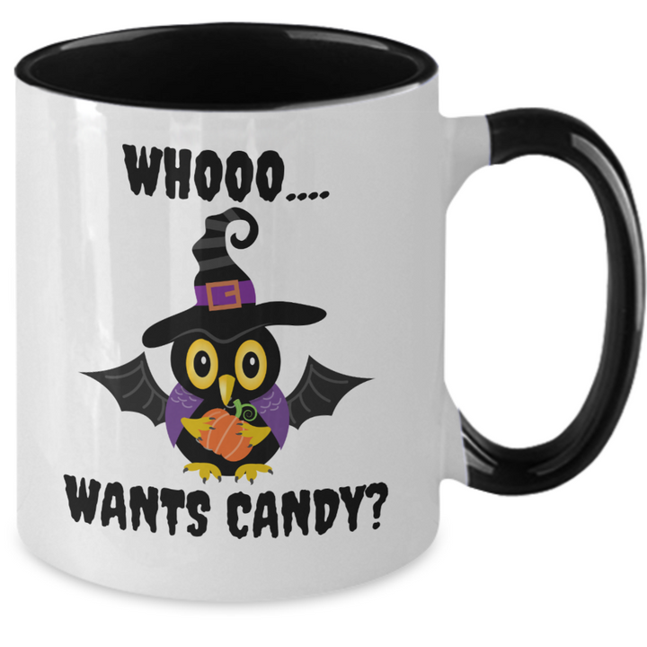 Funny Halloween Mug, Halloween Housewarming Gifts, Who Wants Candy Halloween Two Toned Coffee Cup, Halloween Decor