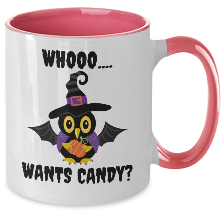 Funny Halloween Mug, Halloween Housewarming Gifts, Who Wants Candy Halloween Two Toned Coffee Cup, Halloween Decor