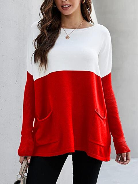 Two Tone Pullover Sweater with Pockets, Women's Pullover Sweater, Trendy Long Sleeved Loose Sweater, Sweater With Pockets,