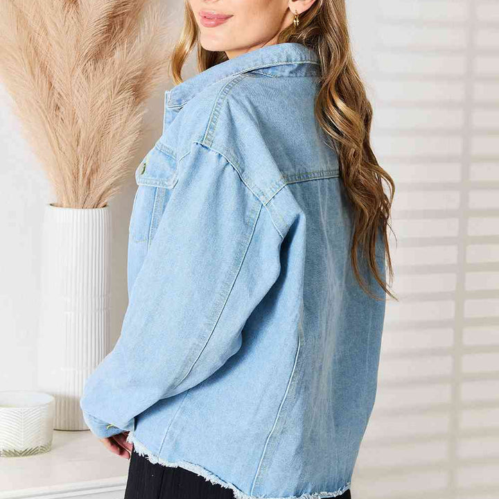 Women's Denim Jacket, Trendy Denim Jacket for Her, Double Take Dropped Shoulder Raw Hem Denim Jacket