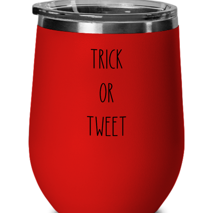 Trick or Tweet Halloween Wine Glass, Wine Glass for Social Media Addicts, Funny Halloween Wine Tumbler Presents for Friends