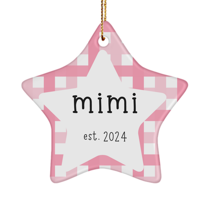 Mimi Ornaments, Mimi Established 2024, New Baby Announcement, Gifts for Mimi, Pink Buffalo Plaid Ornament, New Mimi Gifts