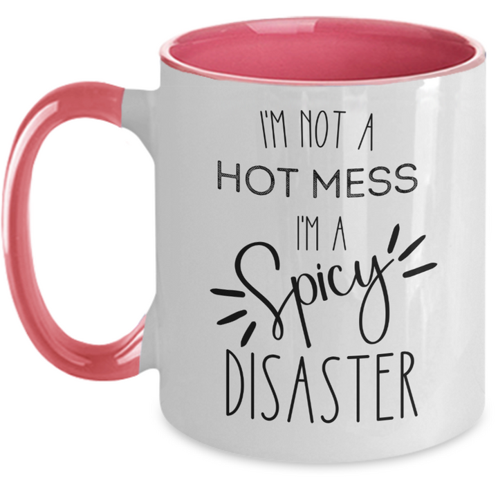 Funny Hot Mess Two Toned Coffee Cup, Hot Mess Gifts, Hot Mess Spicy Disaster Mug, Funny Coffee Cup Sayings, 11 Ounce Ceramic Mug