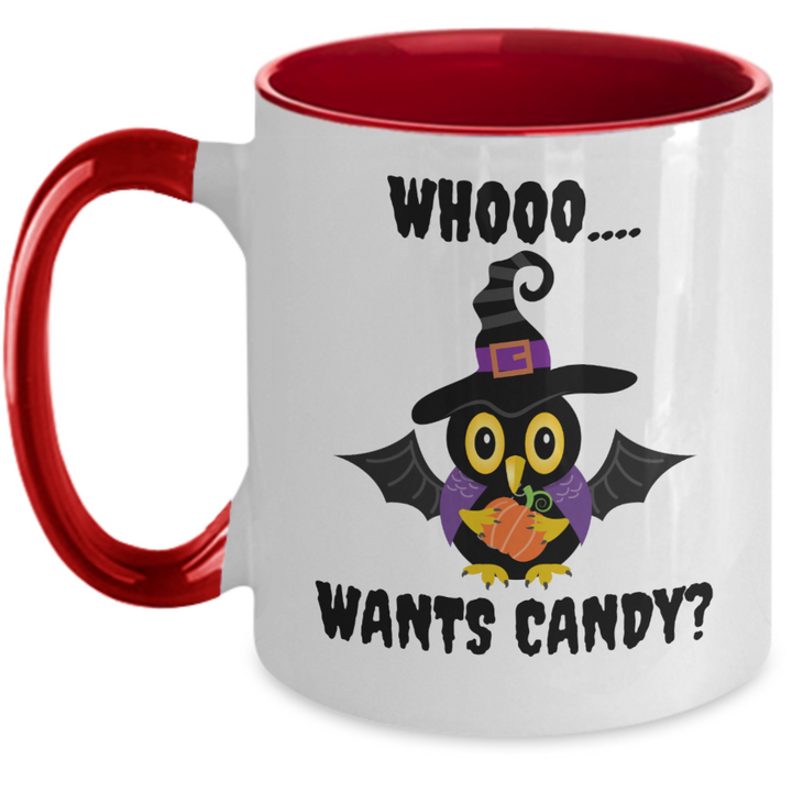 Funny Halloween Mug, Halloween Housewarming Gifts, Who Wants Candy Halloween Two Toned Coffee Cup, Halloween Decor