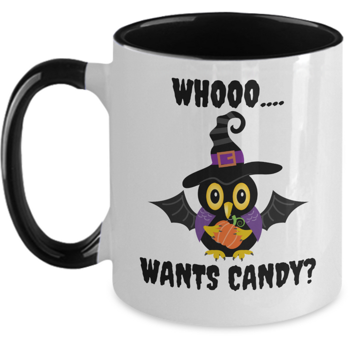 Funny Halloween Mug, Halloween Housewarming Gifts, Who Wants Candy Halloween Two Toned Coffee Cup, Halloween Decor